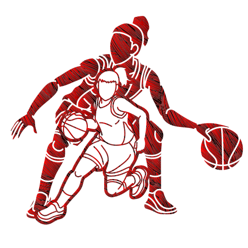 Artwork of a female basketball player making a drive down the court with a larger player in the background also ready to drive to the basket