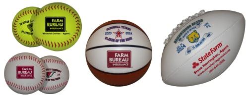 Local and national restaurant logos on sports balls
